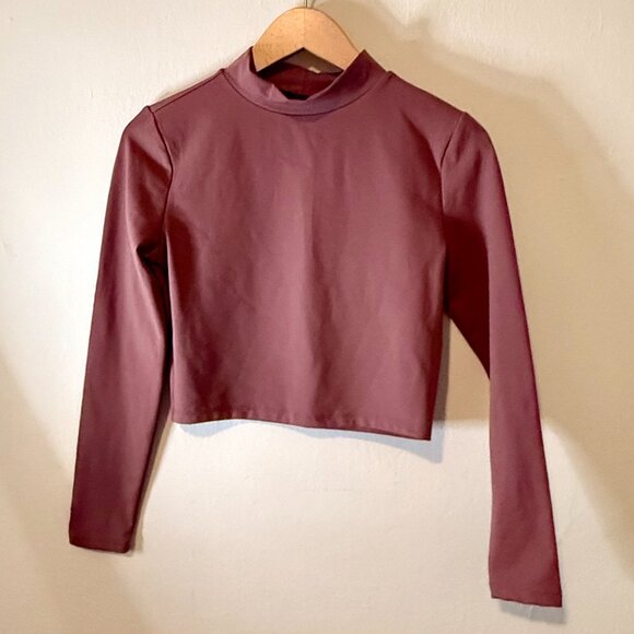 Rose Colored Long Sleeve Crop Top with Mandarin Collar - Picture 3 of 4